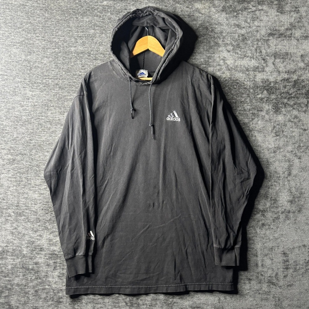 Vintage Y2K Adidas Hooded Long Sleeve Shirt Mens Large Black Logo Sportswear